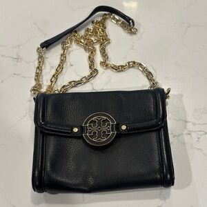 Tory Burch Black Leather Crossbody Bag with Gold Chain